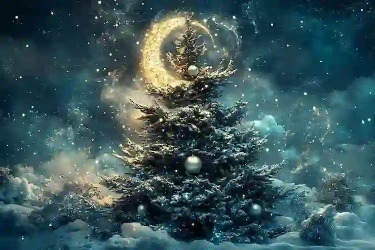 A magical winter night scene: a snow-dusted evergreen Christmas tree adorned with glowing pearl ornaments, set against a starry cosmic sky with a shimmering golden crescent moon. Soft, ethereal clouds and scattered starlight enhance the dreamy, mystical holidat atmosphere.