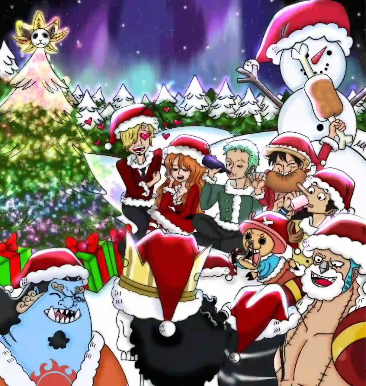 A Christmas-themed image featuring many One Piece characters gathered together and celebrating Christmas in the snow, with Christmas trees and a huge snowman in the background.