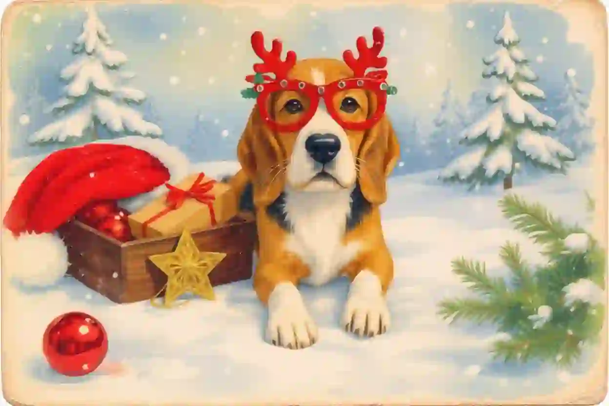 A vintage Christmas card featuring a beagle wearing red glasses with reindeer antlers, sitting on the snow beside a wooden basket filled with presents, Christmas décor, and a Santa hat.