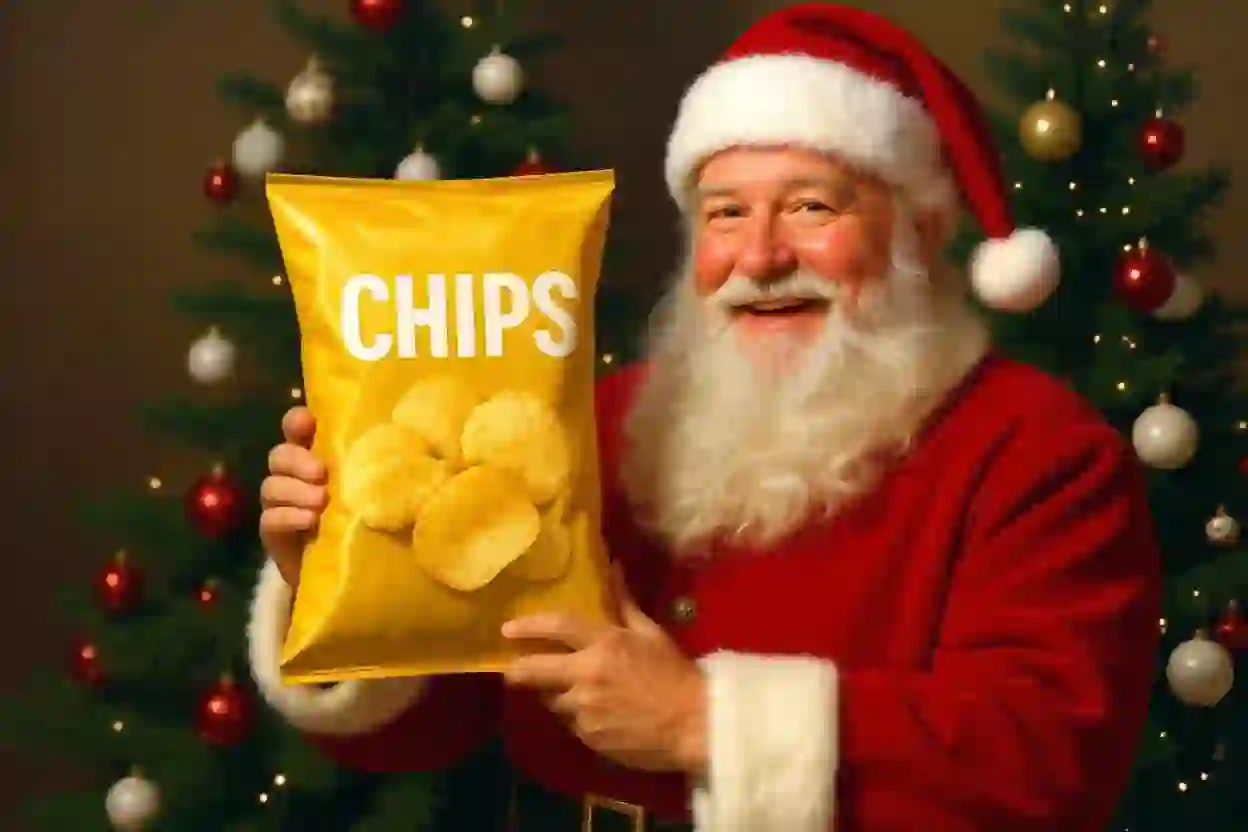 A vintage commercial-style Christmas card featuring Santa Claus smiling warmly while holding a yellow package of potato chips.