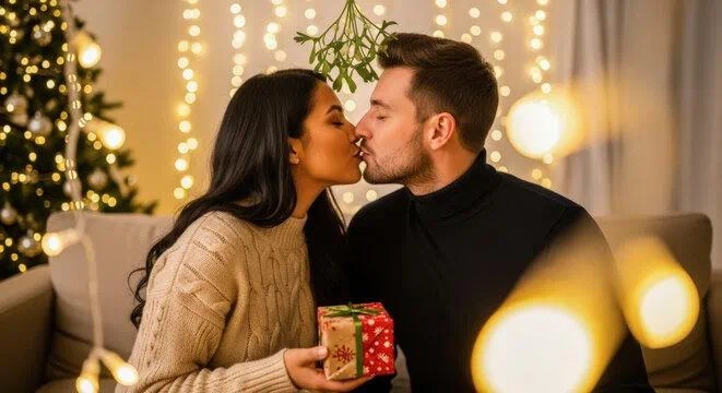 A photo of a couple kissing on a gray couch under a branch of mistletoe, with a wrapped present in the woman’s hand.