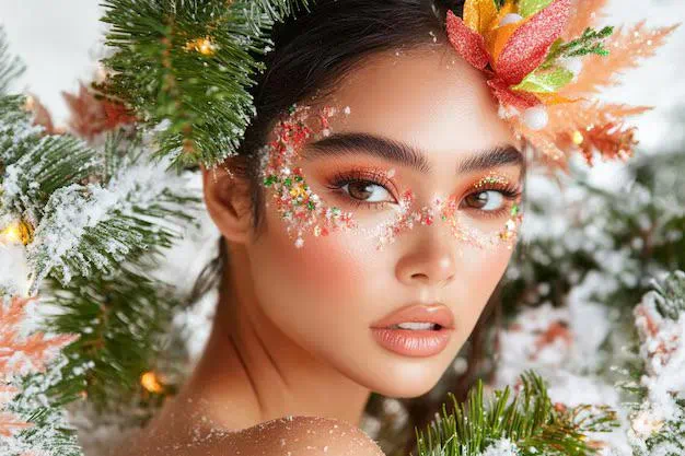 Portrait of a woman with festive Christmas glitter makeup: orange eye shadow, colorful face glitter, floral headpiece against snow-dusted pine tree background.