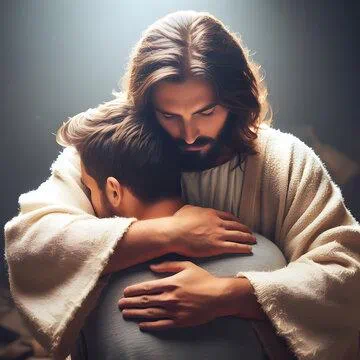 An image of Jesus hugging a man, illuminated by soft, glowing holy light.