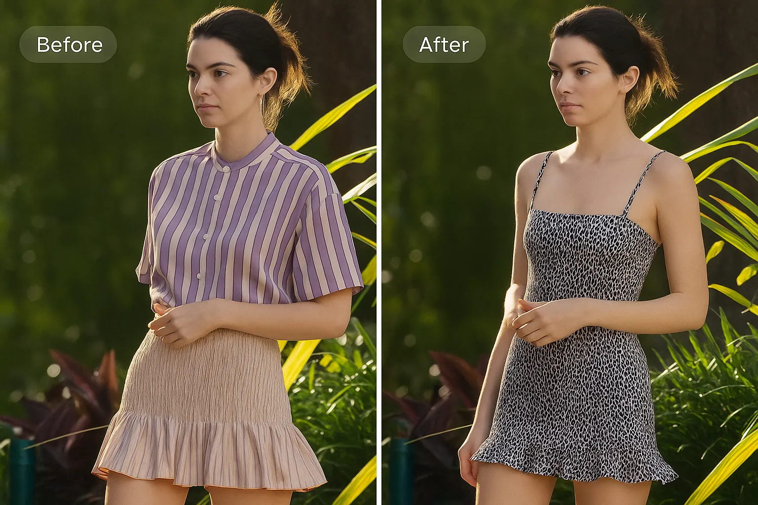 Kendall Jenner's purple striped top and skirt changed to a black and white leopard print dress.