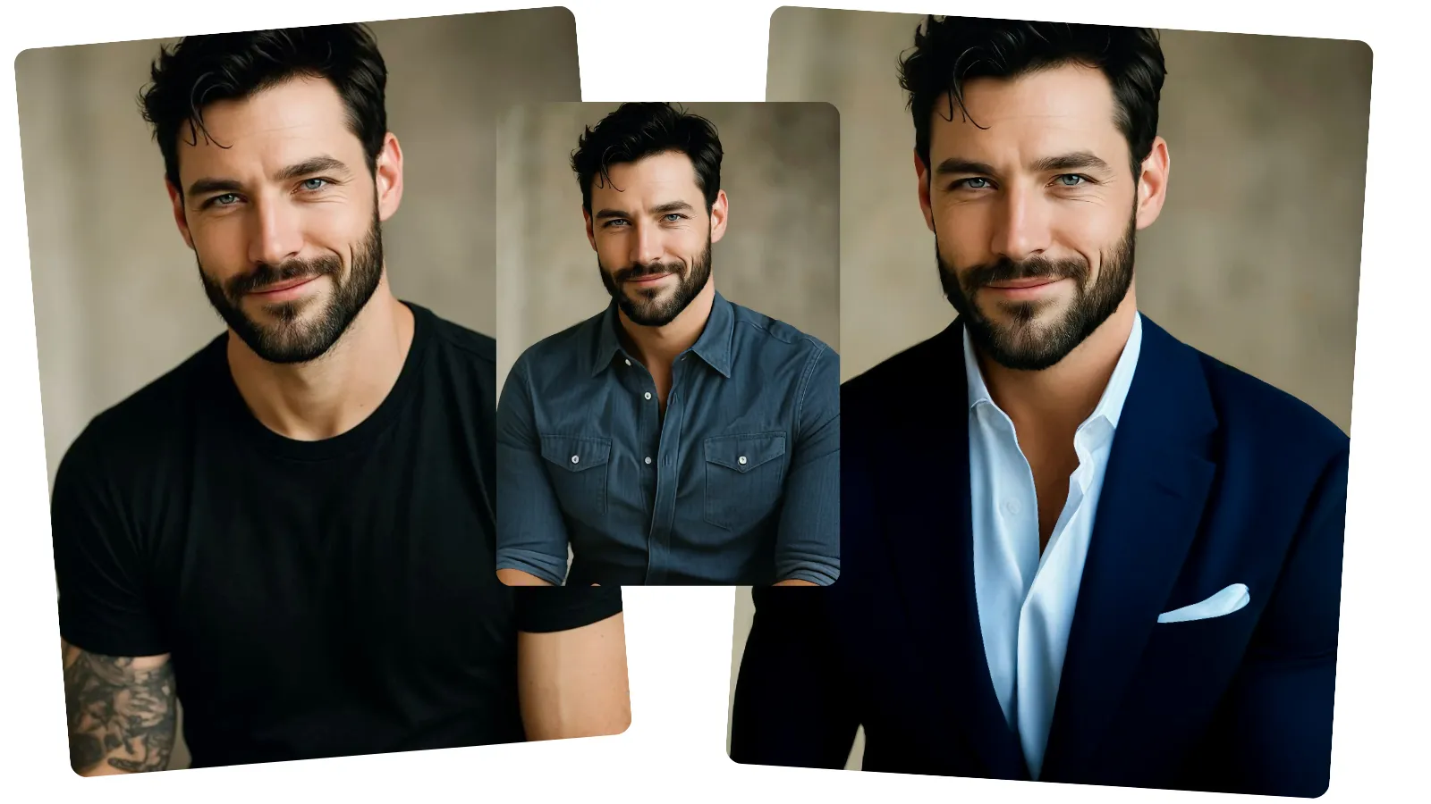 Same male model wearing a black T-shirt, suit, and denim shirt after AI clothes change.