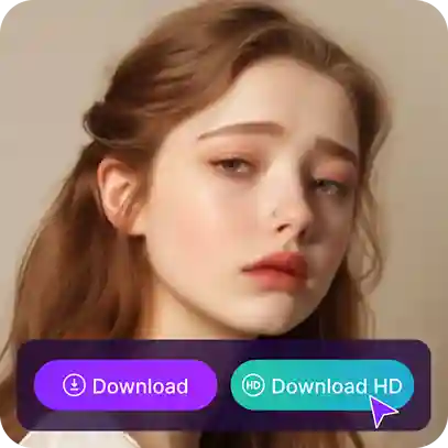 Image of a brown hair girl with a sticker showing the 'download' button and the 'download HD' button, used as a material in facial expression swap tutorial.