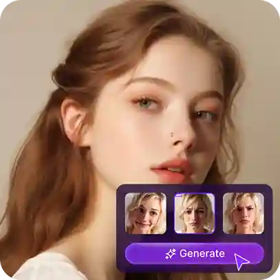 Image of a brown hair girl with a sticker showing the facial expression swap process, used as a material in facial expression swap tutorial.