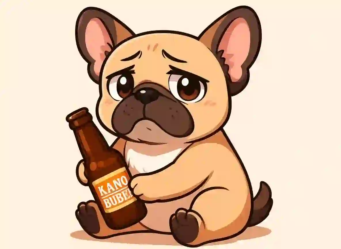 A chibi-anime style of a bulldog is acting emotional with a bottle of beer in its arms.