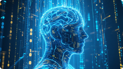 A digital rendering of a human head profile with a brain-like structure, composed of blue lines and nodes, representing artificial intelligence and facial recognition technology.