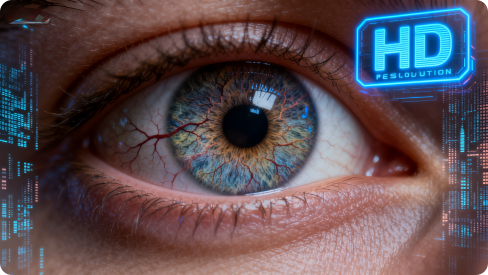 A close-up of a human eye with detailed iris texture, surrouned by futuristic digital elements and a glowing 'HD' label.