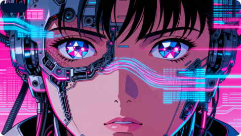 A cyberpunk-style anime character with mechanical enhancements around the eyes, vibrant pink and blue elements, and short dark hair.
