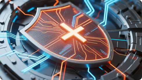 A futuristic shield with an orange cross symbol, integrated with glowing circuit-like patterns and blue neon lines, representing data security.
