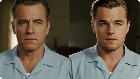 Comparison between the original man in a blue shirt scene and the face-swapped version.