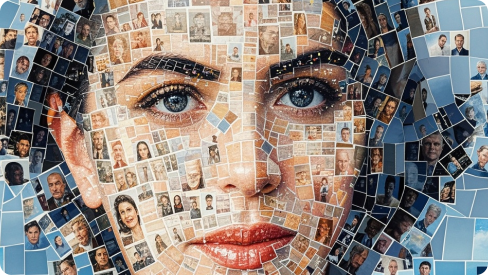A mosaic portrait of a woman's face, composed of numerous small photographs, representing face swap.