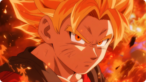 An anime character with spiky yellow hair, intense orange eyes, and a determined expression, set against a background of flames.