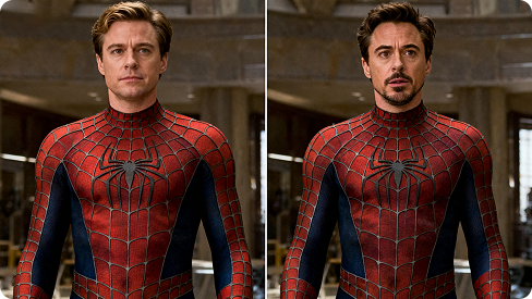 Compaison between the original Spiderman scene and the face-swapped version.