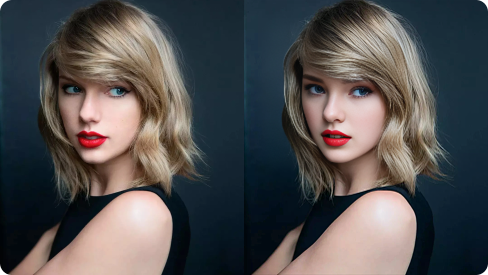 Comparison between the original portrait of Taylor Swift in a black dress with red lips and the face-swapped version.