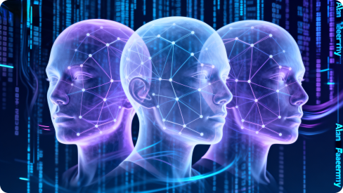 Digital illustration of an purple AI human head and a green AI human head with glowing blue and green data graphs and aalytics, representing artificial intelligence and facial recognition technology.