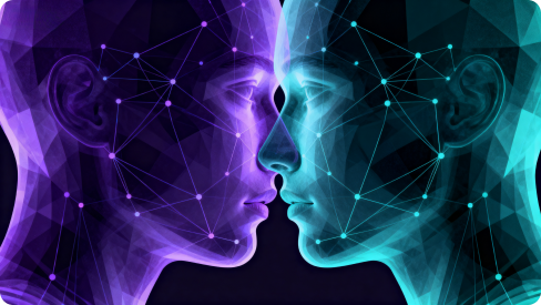 Digital illustration of three AI human heads with data graphs, representing artificial intelligence and facial recognition technology.