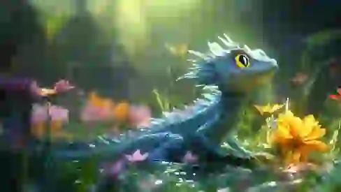 Enhanced image of a small, blue lizard sitting in a sunlit meadow filled with pink and yellow flowers.