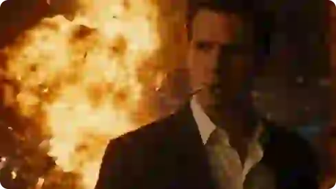 Enhanced photo of a man with a cigarette in his mouth, standing in front of a large explosion.