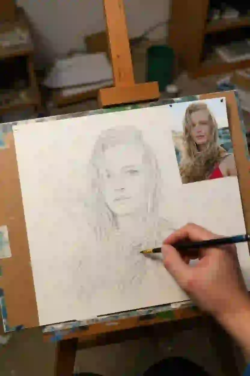 A painter sketching a blonde woman's portrait, with the photo clipped to the top right corner of the drawing board.