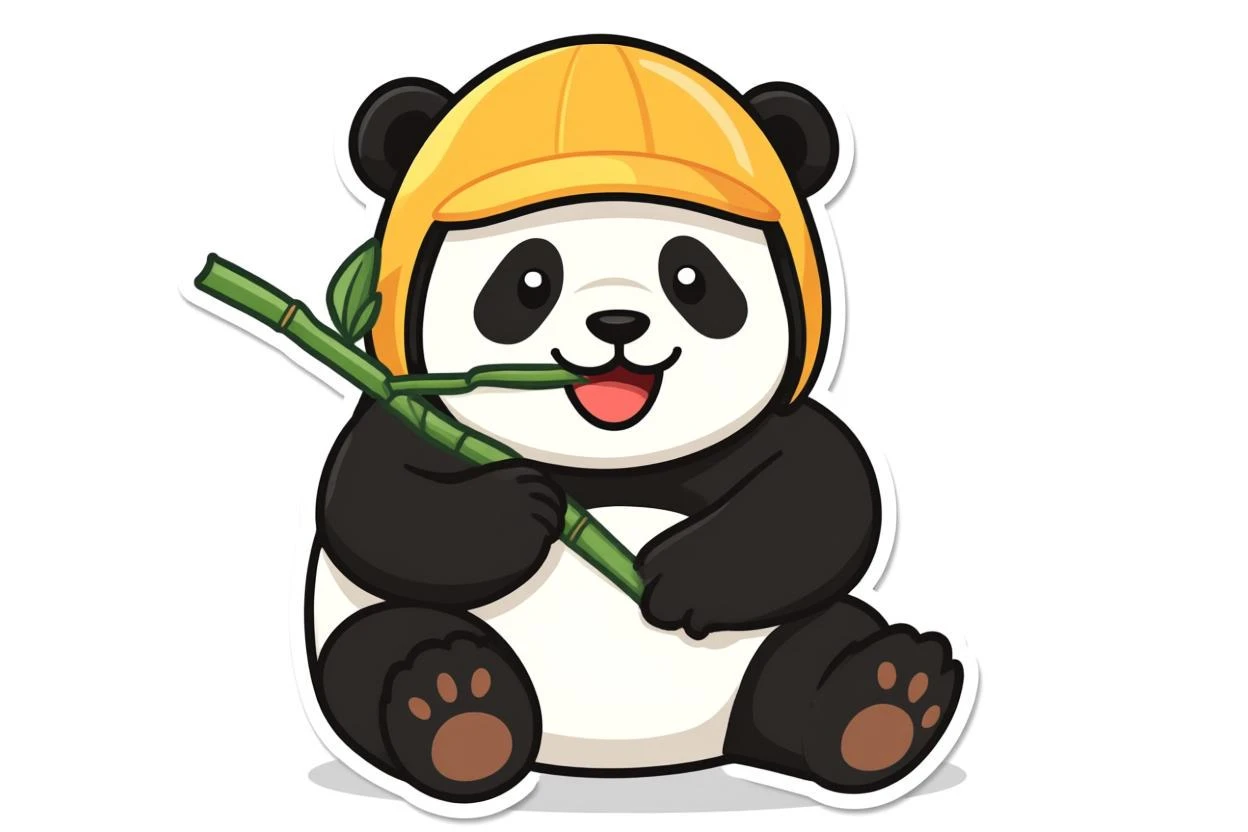 Cute panda wearing yellow jet hat is eating a bamboo.