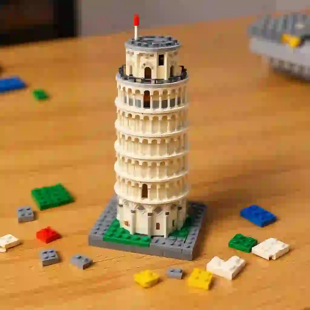 Lego model of the Pisa Tower on a table, with scattered Lego pieces around it.