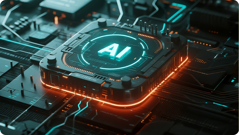 AI chip on a circuit board, representing artificial intelligence technology.