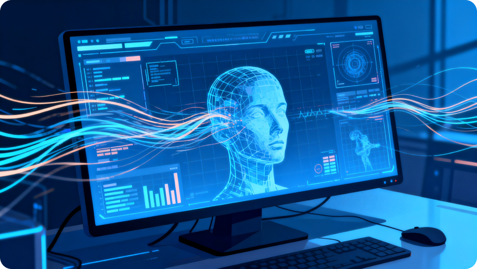 Digital illustration of a computer monitor displaying an AI human head interface with data graphs and blue neural-like waves, representing artificial intelligence and facial recognition technology.