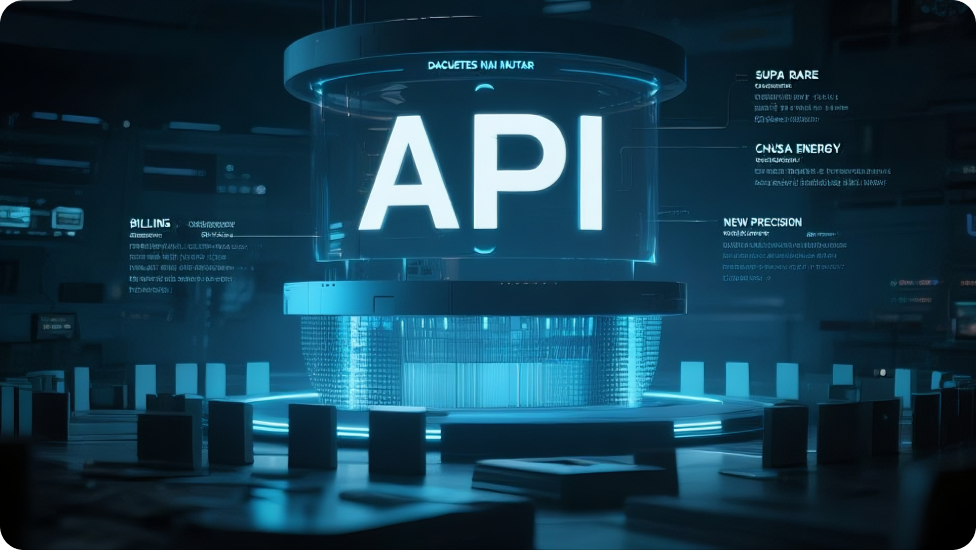 A prominent 'API' display surrounded by tech interfaces and data elements.