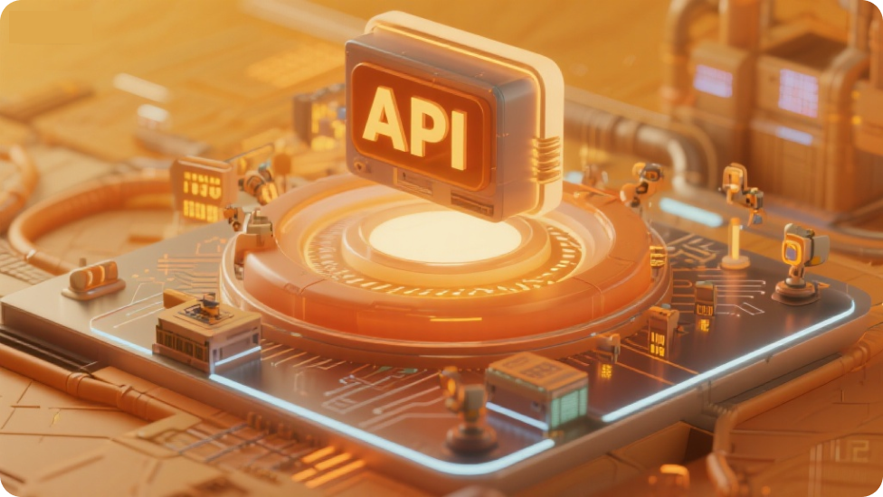 A stylized 'API' module on a circuit board with tiny robotic figures.