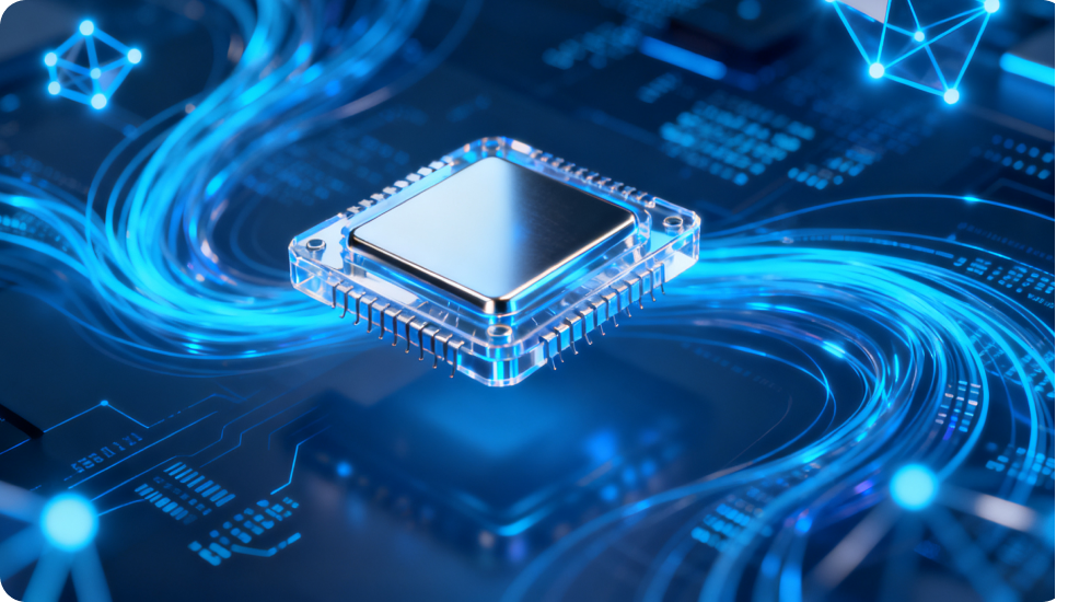 Advanced computer chip with blue digital streams.
