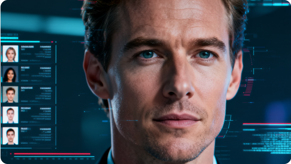 A man's face in focus, with a digital interface displaying profiles and data in the background.