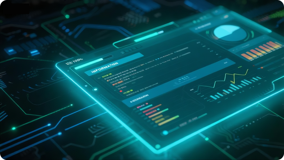 A holographic digital dashboard with charts and data visualizations.