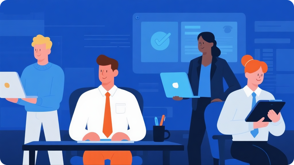 Cartton-style illustration of an office scene: multiple people collaborating peacefully.