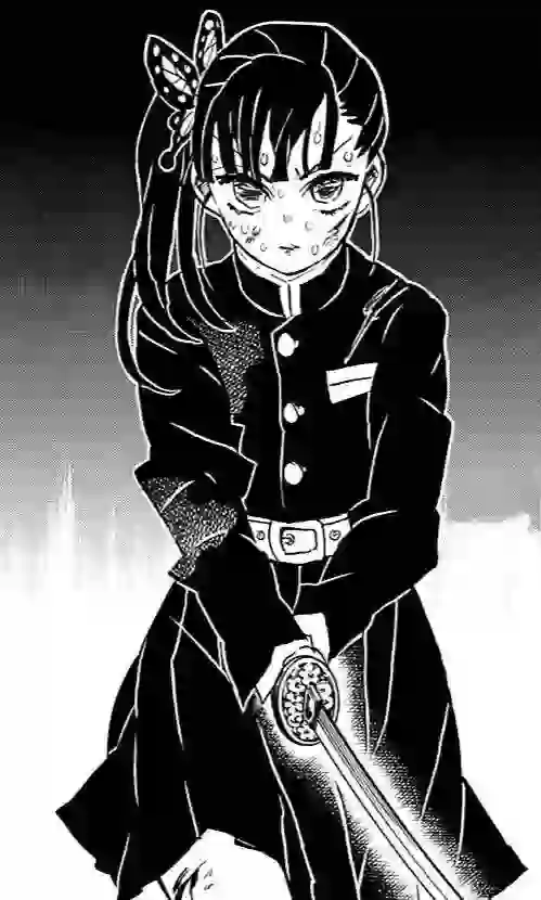 A manga panel from Demon Slayer showing a girl with a ponytail and butterfly hairpin gripping her sword, her eyes filled with hatred, used as reference for AI animation.