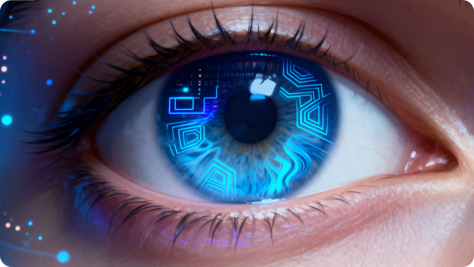 Close-up of a blue human eye with detailed iris texture, surrounded by blue futuristic elements.