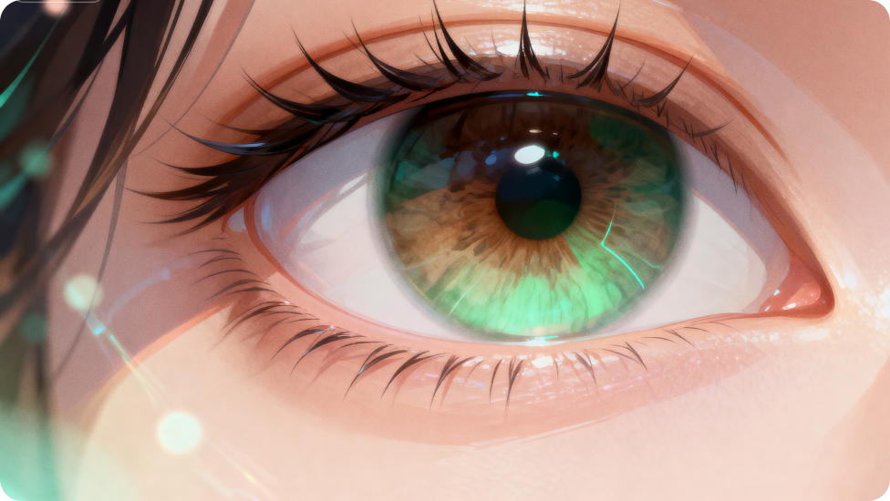 Close-up of a green human eye with detailed iris texture, surrounded by green fragmented light.