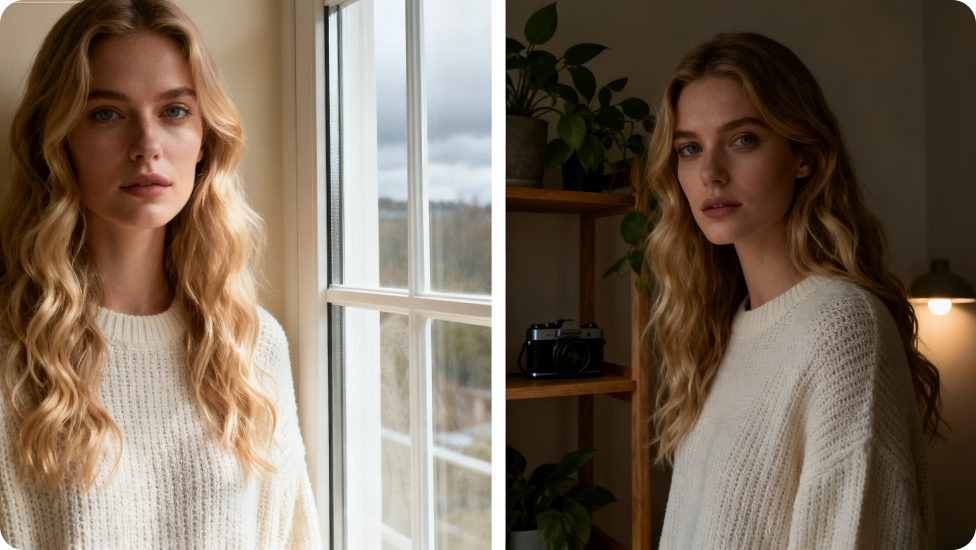 Two side-by-side images of a woman with long wavy blonde hair wearing a cream sweater, left image by a bright window, right image in a room with dim lighting.