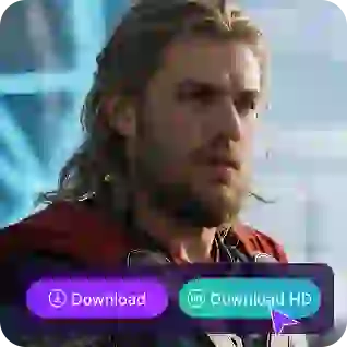 A face-swapped picture of Thor with a purple 'download' button and a green 'download HD' button, used as a material in unlimited video face swap tutorial.