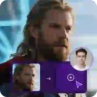 A picture of Thor with a sticker showing unlimited video face swap process, used as a material in unlimited video face swap tutorial.