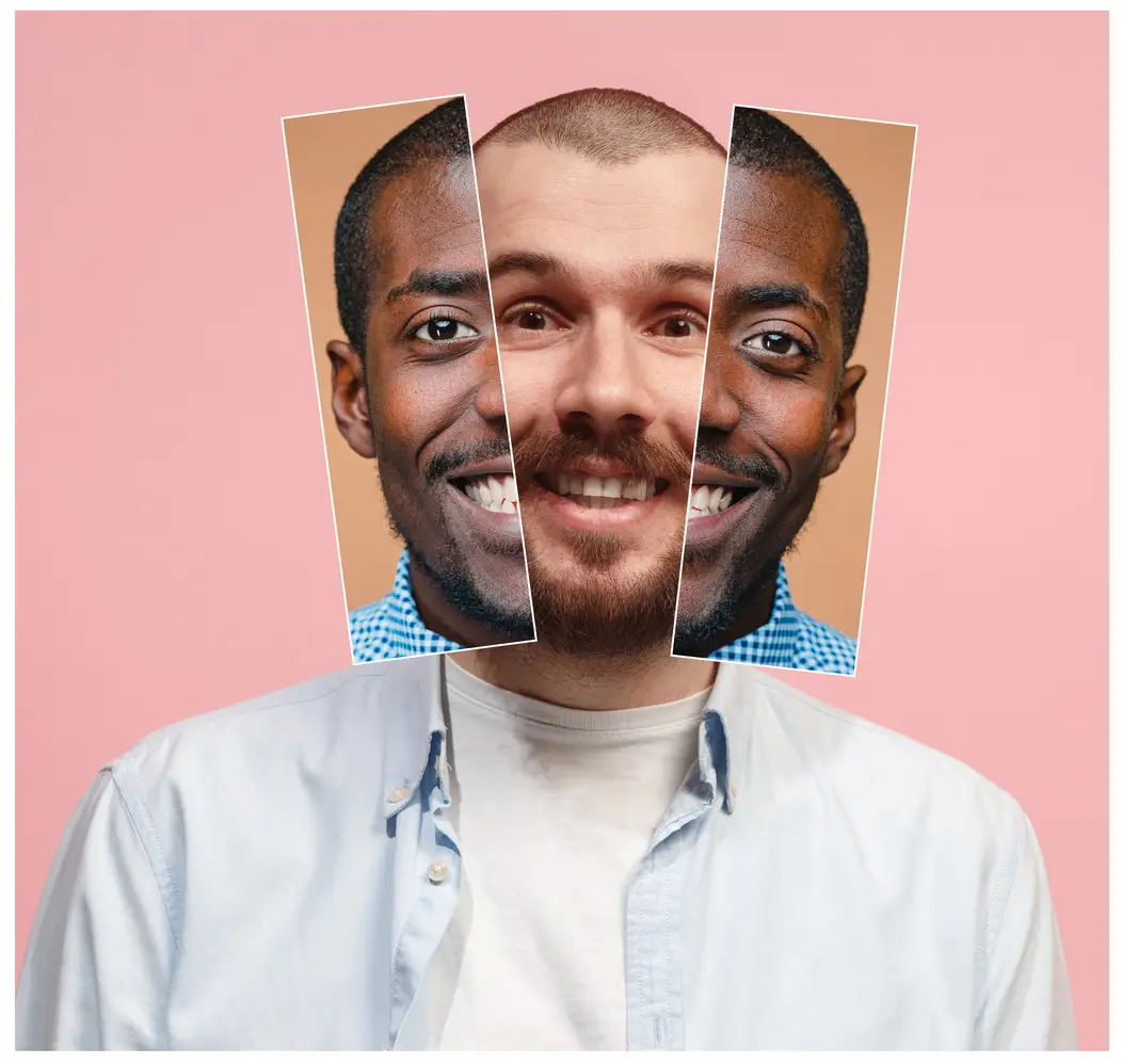 The application of AI face swap technology, where two men in the photo swap their faces with each other.