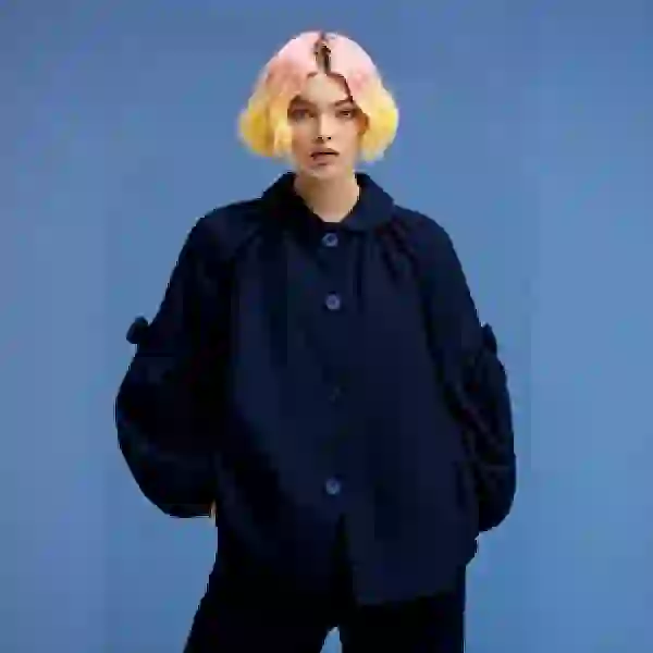 Gesichtsvertauschtes Foto einer Frau mit rosa und gelben Haaren in schwarzem Hemd und schwarzer Hose, die für die Kamera posiert.