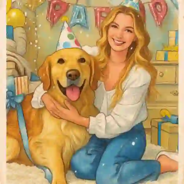 KI-generierte Karte eines Retro-Gemäldes einer Frau, die einen Golden Retriever in einer Indoor-Geburtstagsszene kuschelt, mit Partyhüten auf beiden Köpfen.