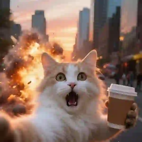 KI-generiertes Bild einer langhaarigen orangefarbenen Katze, die mit schockiertem Gesichtsausdruck eine Tasse Kaffee in der Hand hält, als sich dahinter eine Explosion ereignete.