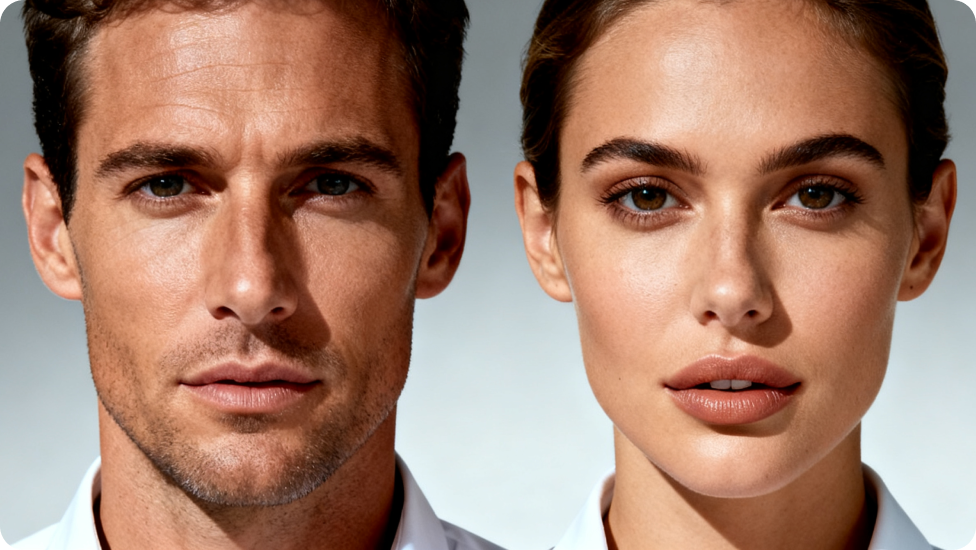 Close-up of a man and woman standing side by side, illuminated by dramatic lighting.