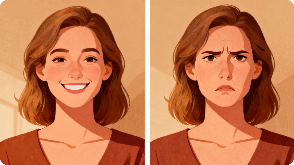 Comparison between an anime female character with a happy expression and an angry expression.