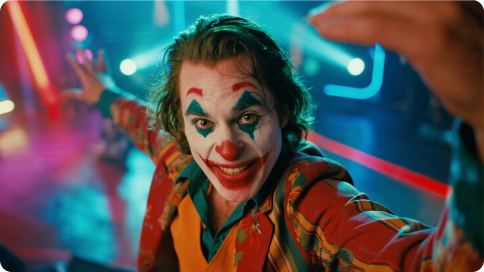 A clown in a colorful, patterned suit striking an expressive pose in a vibrant, neon-lit environment.