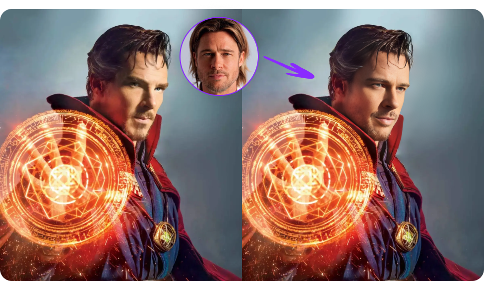 Comparison between the original Doctor Strange and the face-swapped version.
